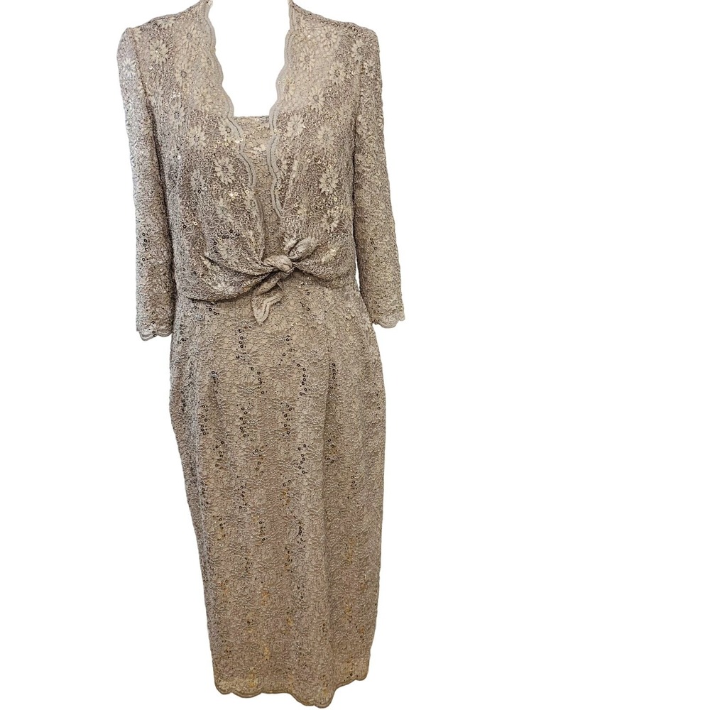Alex Evening Long Dress Jacket Size 8 Sequins Lace Floral Lined Formal Midi